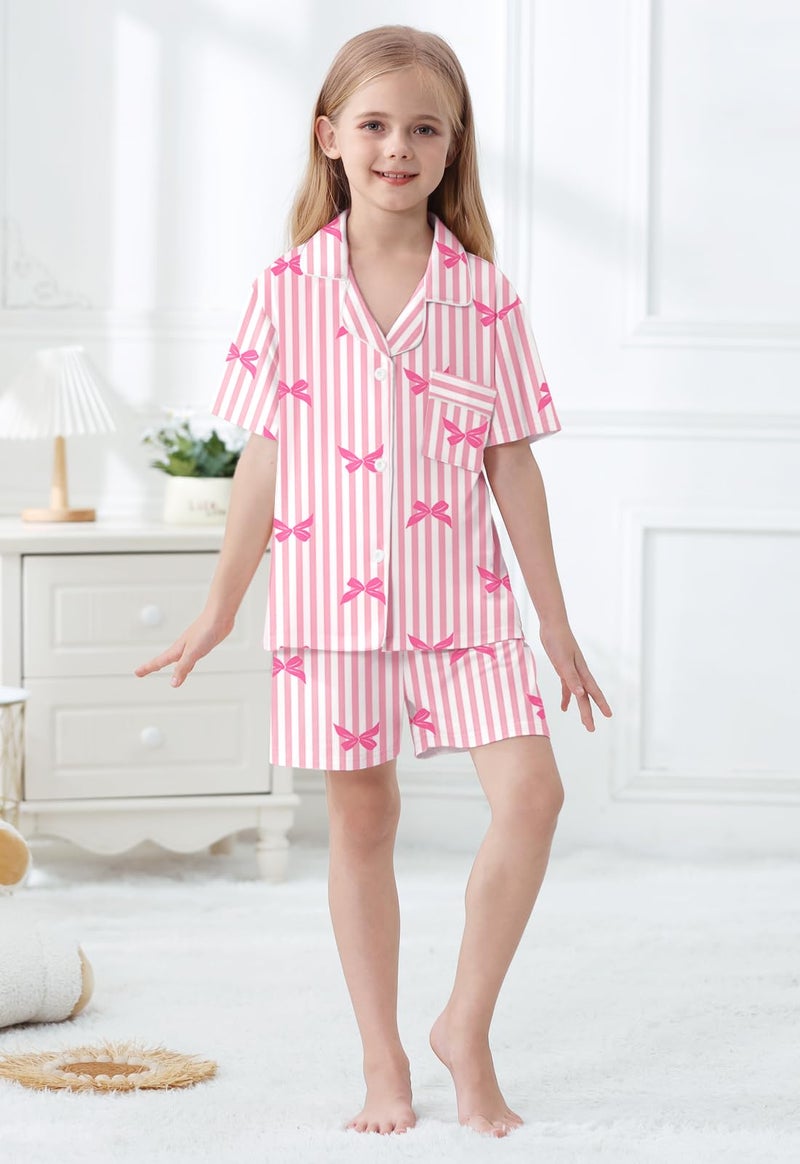 Umeyda Girls Lyocell Pajamas Set Short Sleeve Button Down Sleepwear Nightwear Pjs Set, Pink Striped Bow, 7-8 Years = Tag 140 - Image 2