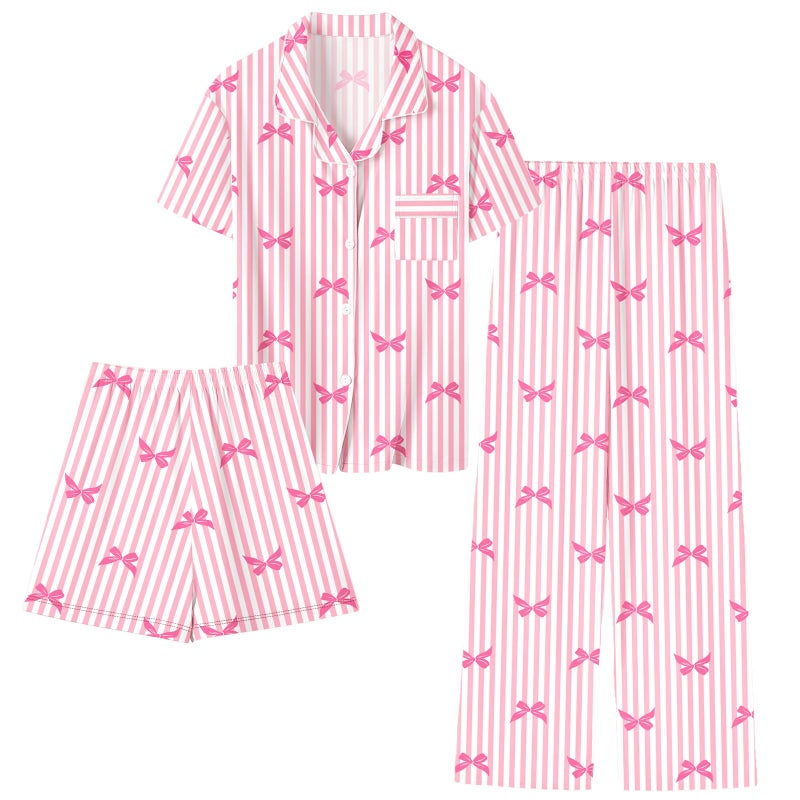 Umeyda Girls Lyocell Pajamas Set Short Sleeve Button Down Sleepwear Nightwear Pjs Set, Pink Striped Bow, 7-8 Years = Tag 140 - Image 1