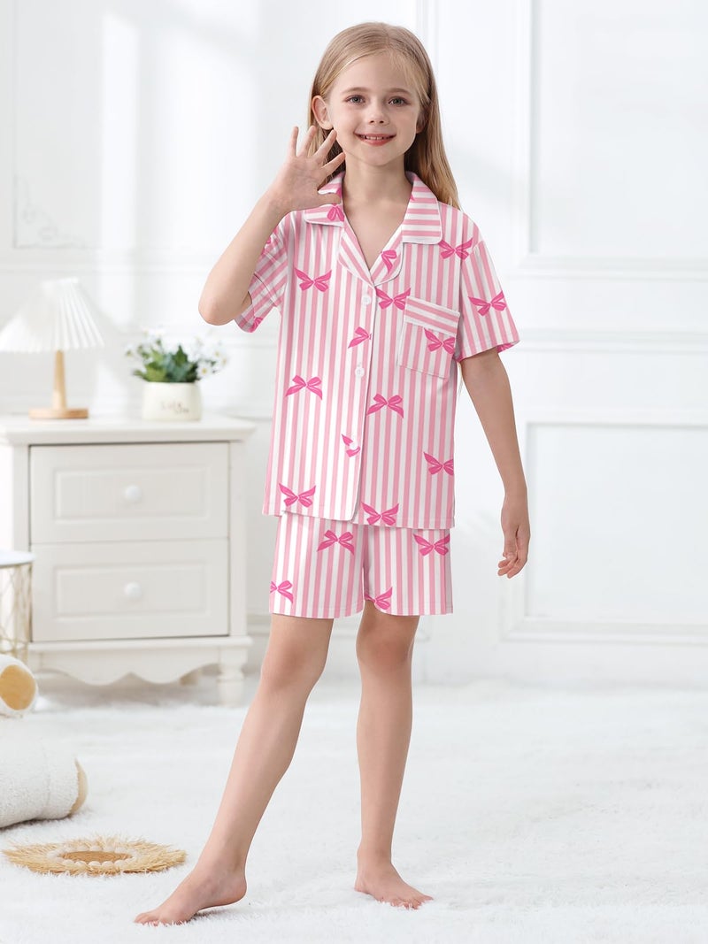 Umeyda Girls Lyocell Pajamas Set Short Sleeve Button Down Sleepwear Nightwear Pjs Set, Pink Striped Bow, 7-8 Years = Tag 140 - Image 3