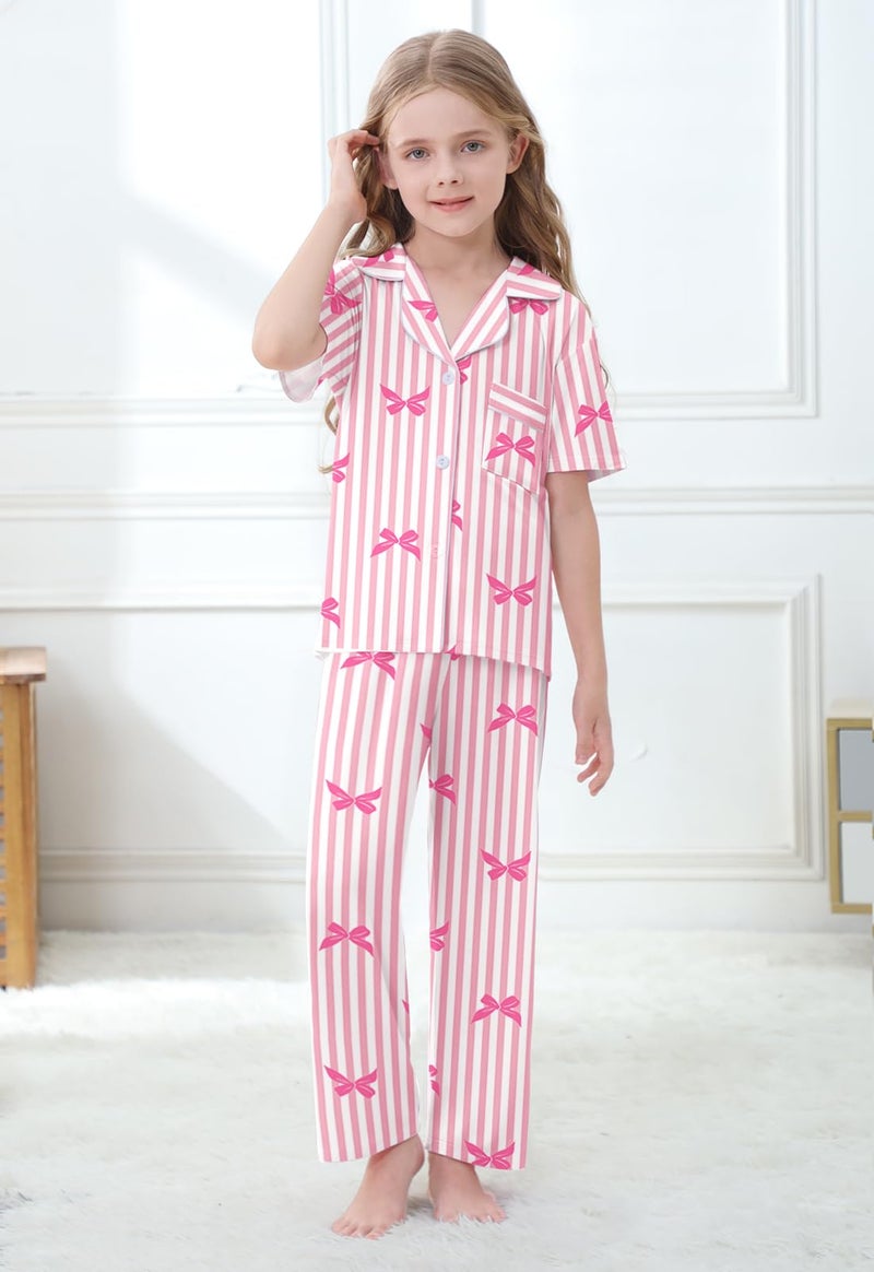 Umeyda Girls Lyocell Pajamas Set Short Sleeve Button Down Sleepwear Nightwear Pjs Set, Pink Striped Bow, 7-8 Years = Tag 140 - Image 4