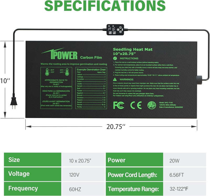 iPower Seedling Heat Mat for Plants with Dual Digital Temperature Controller 10 x 2075 Black - Image 2