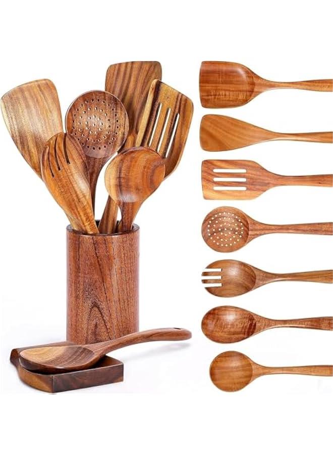 HOOKOR 9 Piece Natural Teak Wooden Kitchen Utensil Set with Spoon Rest - Comfort Grip Cooking Spoons and Utensils Holder, QXZXL0405 - Image 1