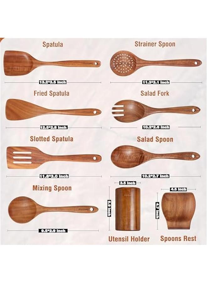 HOOKOR 9 Piece Natural Teak Wooden Kitchen Utensil Set with Spoon Rest - Comfort Grip Cooking Spoons and Utensils Holder, QXZXL0405 - Image 2