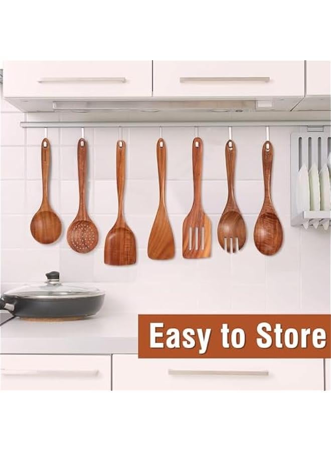 HOOKOR 9 Piece Natural Teak Wooden Kitchen Utensil Set with Spoon Rest - Comfort Grip Cooking Spoons and Utensils Holder, QXZXL0405 - Image 3