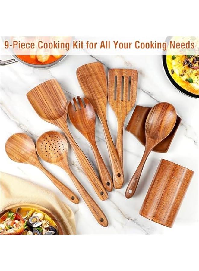 HOOKOR 9 Piece Natural Teak Wooden Kitchen Utensil Set with Spoon Rest - Comfort Grip Cooking Spoons and Utensils Holder, QXZXL0405 - Image 4
