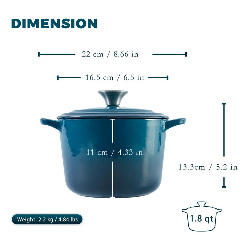 Flavehc Dutch Oven Pot with Lid 1.8 qt Cast Iron Dutch Oven for Bread Baking DarkCyan Enameled Cast Iron Rice Pot with Handels - Image 4