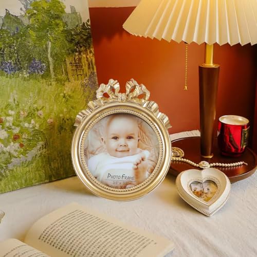 Kangce Vintage Picture Frames 3.5x3.5 Ornate Wallet Size Round Small Gold Picture Frames for Tabletop and Wall Mount Retro Home Decor Antique Wall Decor with Embossed Bead and Bow - Image 3