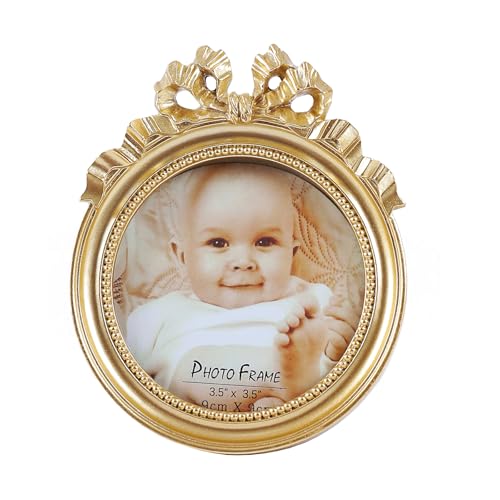 Kangce Vintage Picture Frames 3.5x3.5 Ornate Wallet Size Round Small Gold Picture Frames for Tabletop and Wall Mount Retro Home Decor Antique Wall Decor with Embossed Bead and Bow - Image 1