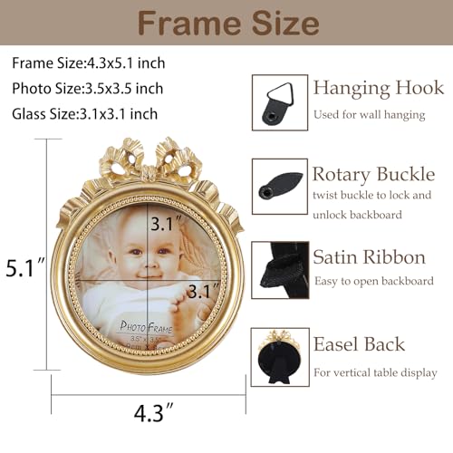 Kangce Vintage Picture Frames 3.5x3.5 Ornate Wallet Size Round Small Gold Picture Frames for Tabletop and Wall Mount Retro Home Decor Antique Wall Decor with Embossed Bead and Bow - Image 2
