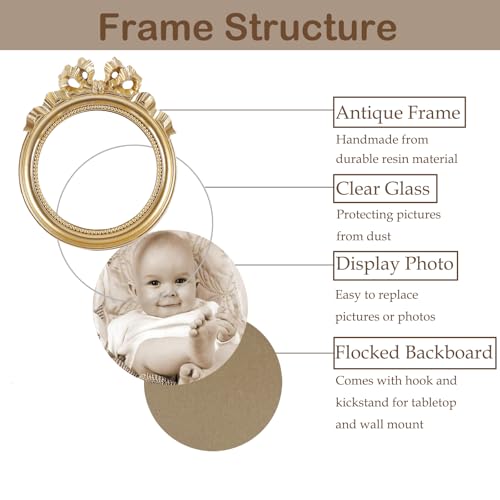 Kangce Vintage Picture Frames 3.5x3.5 Ornate Wallet Size Round Small Gold Picture Frames for Tabletop and Wall Mount Retro Home Decor Antique Wall Decor with Embossed Bead and Bow - Image 5
