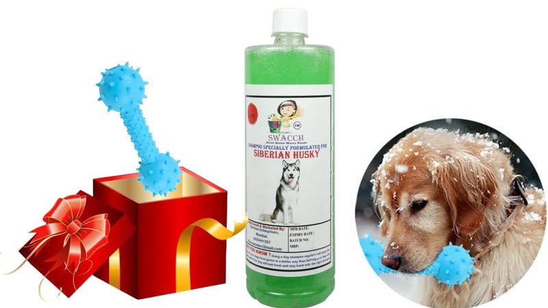 swacch Siberian Husky Dog Shampoo + Dumbbell Toy I Durable Rubber Dog Toy for Chewing I Playing,Teeth Cleaning & Training Toy I Combo Pack I 1 Litre Neem Alovera - Image 1