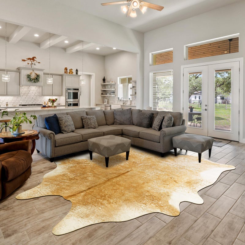 Rtizon Cow Hide Rug for Living Room Washable Cowhide Rug Faux Animal Skin Rugs NonSlip Cow Print Area Rugs 4x5 Feet Cowhide Rugs for Bedroom Office Kitchen Fireplace Khaki