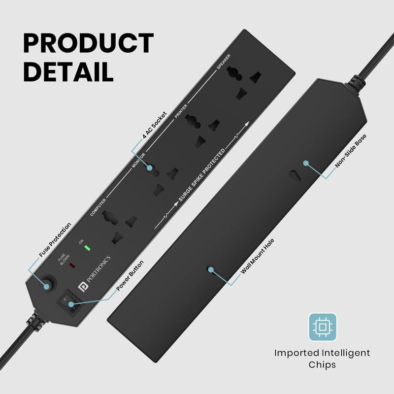 Portronics Power Plate 10 Extension Board with 4 Universal Sockets, 3 Meter Long Cord, 1500 Watts, 6 Amp Multi Plug for Office & Home Appliances (Black) - Image 3