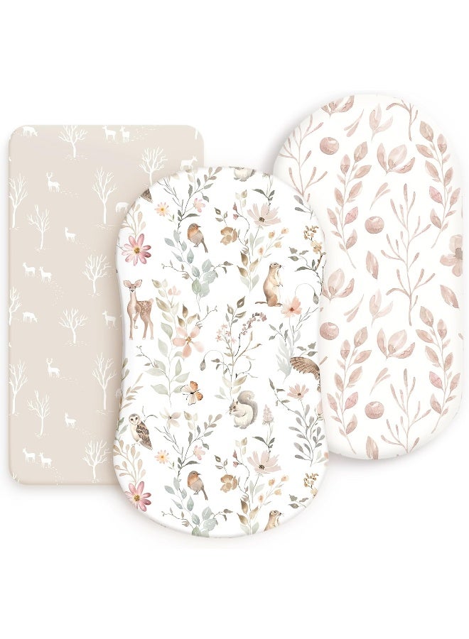 GRSSDER Stretchy Ultra Soft Fitted Bassinet Sheet Set 3 Pack, Universal Fit for Bassinets Baby Cradle Moses Basket Oval Rectangle Mattress Safe and Snug, Beautiful Blush Pink Floral and Cute Animals Print - Image 1