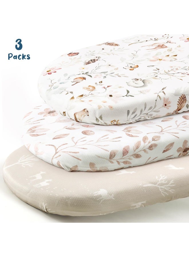 GRSSDER Stretchy Ultra Soft Fitted Bassinet Sheet Set 3 Pack, Universal Fit for Bassinets Baby Cradle Moses Basket Oval Rectangle Mattress Safe and Snug, Beautiful Blush Pink Floral and Cute Animals Print - Image 2