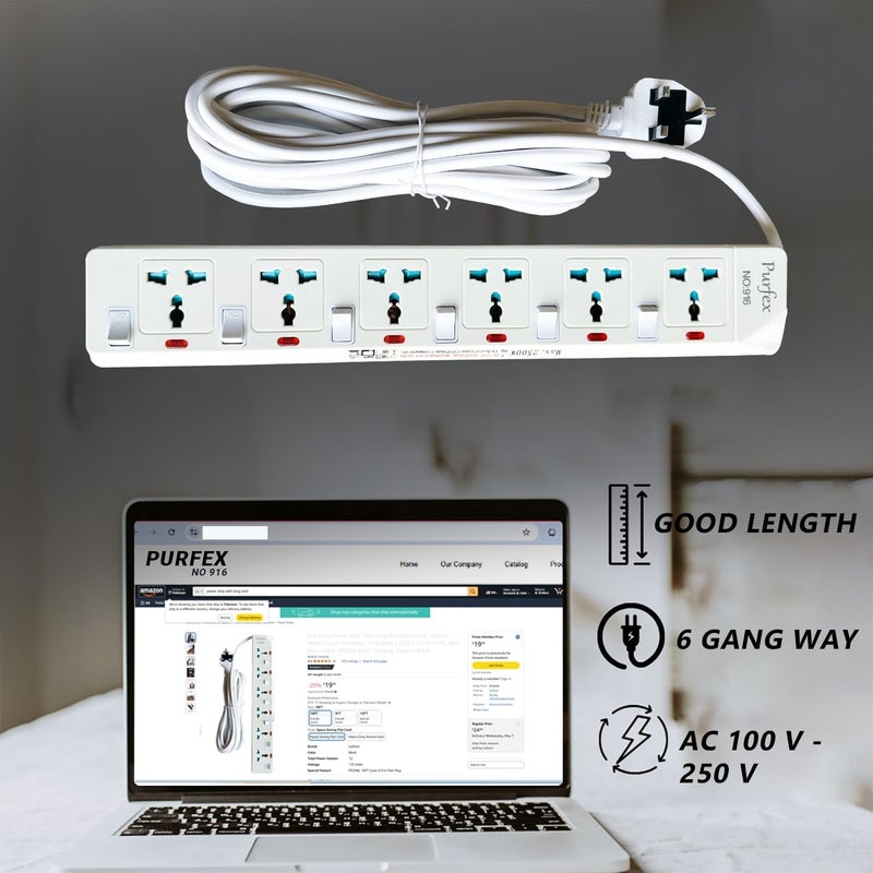 Purfex 6-Way Extension Cable, Long Power Strip 3016-20ft with Universal Sockets, Overload and Overload Protection, Heavy Duty Extension Cable for Home, Office and Appliances - Image 5