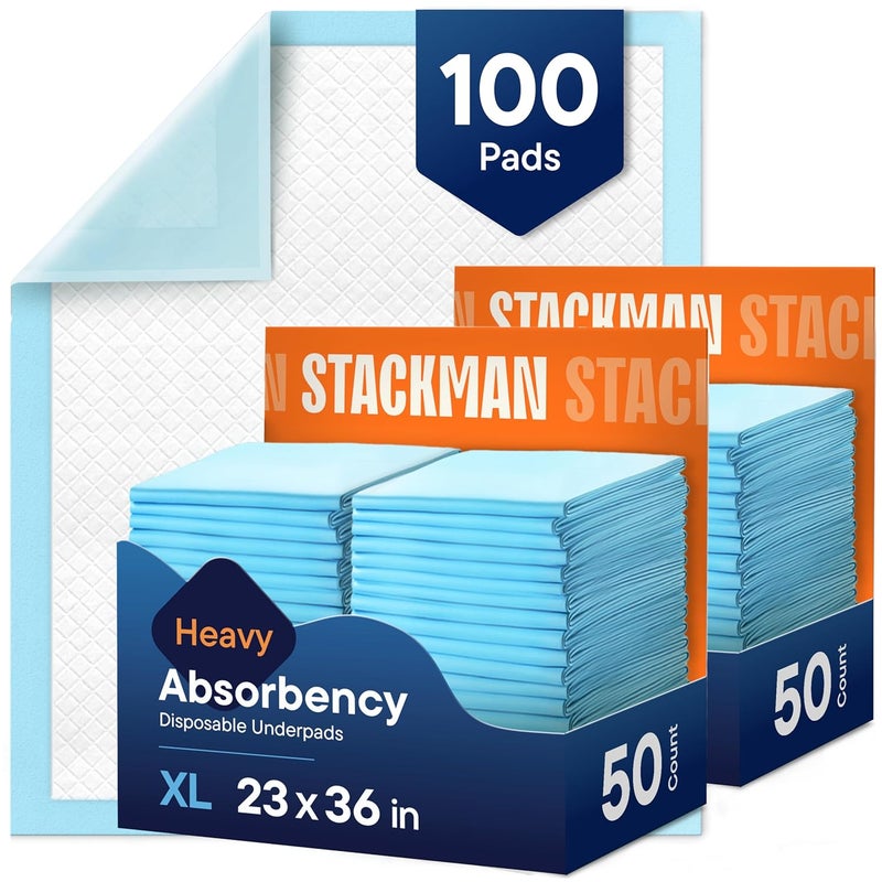 Stack Man Chucks Pads Disposable [100-Pack] Adult Incontinence Underpads 23"x 36" Large Absorbent Fluff Protective Bed Pads, Toddler Mattress Pads - Pee Pads for Pets, Kids & Adults - Dog & Puppy Training Pads