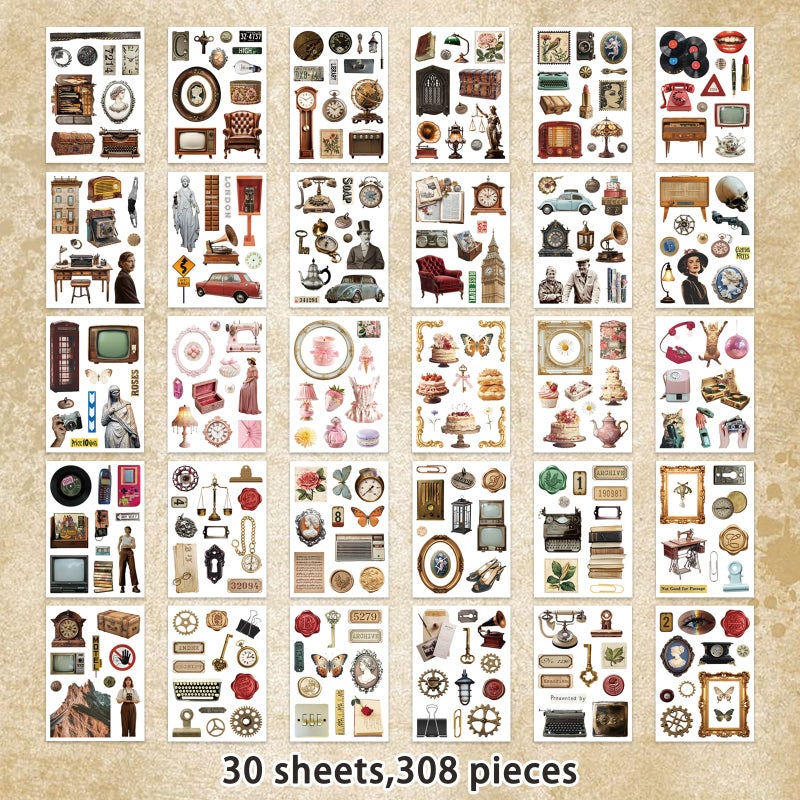 Bomichi Vintage Sticker Book, 30 Sheets 308 Pcs Aesthetics Stickers for Journaling Scrapbooking Bullet Journals Planners Letter Card Making - Image 4