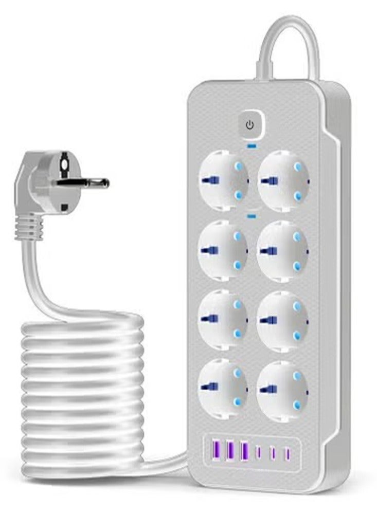 Power Strip Surge Protector J18U with 2M Extension Cord, 8 AC Outlets, 3 USB Ports and 3 PD Fast Charging Type-C Ports, 2500W 10A Rated Power, 110V-250V, Advanced Safety Protection for Home, Office and Travel