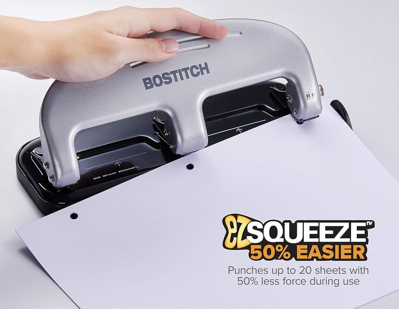 Bostitch Office EZ Squeeze 3-Hole Punch, 20 Sheet Capacity, Reduced Effort, No Jam Technology, Silver - Image 3