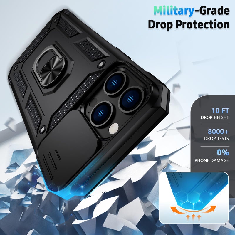 Vinve for iPhone 13 Pro Max Case with Slide Lens Cover, HD Screen Protector, Military Grade Drop Protection, Magnetic Rotated Ring Holder Kickstand Phone Case (Black) - Image 4