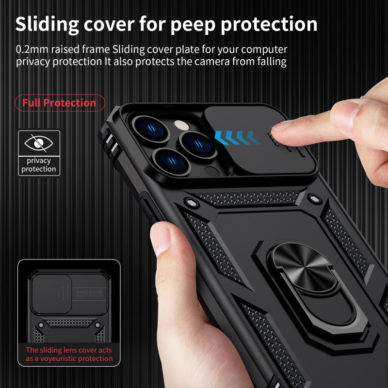 Vinve for iPhone 13 Pro Max Case with Slide Lens Cover, HD Screen Protector, Military Grade Drop Protection, Magnetic Rotated Ring Holder Kickstand Phone Case (Black) - Image 3