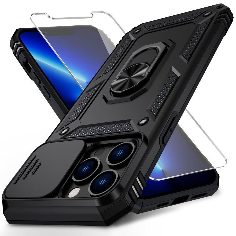 Vinve for iPhone 13 Pro Max Case with Slide Lens Cover, HD Screen Protector, Military Grade Drop Protection, Magnetic Rotated Ring Holder Kickstand Phone Case (Black) - Image 1