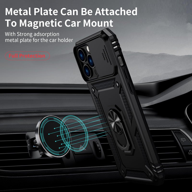 Vinve for iPhone 13 Pro Max Case with Slide Lens Cover, HD Screen Protector, Military Grade Drop Protection, Magnetic Rotated Ring Holder Kickstand Phone Case (Black) - Image 2