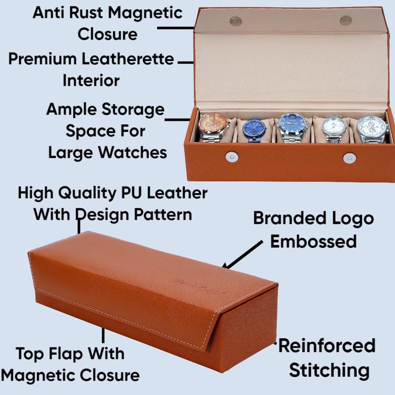 Hard Craft Watch Organizer Holder Jewelry Accessories Display Storage Case Watch Organiser Collection Box 5 Slots In PU Leather For Men Women Rust Color - Image 4