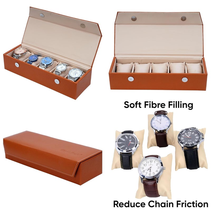Hard Craft Watch Organizer Holder Jewelry Accessories Display Storage Case Watch Organiser Collection Box 5 Slots In PU Leather For Men Women Rust Color - Image 3