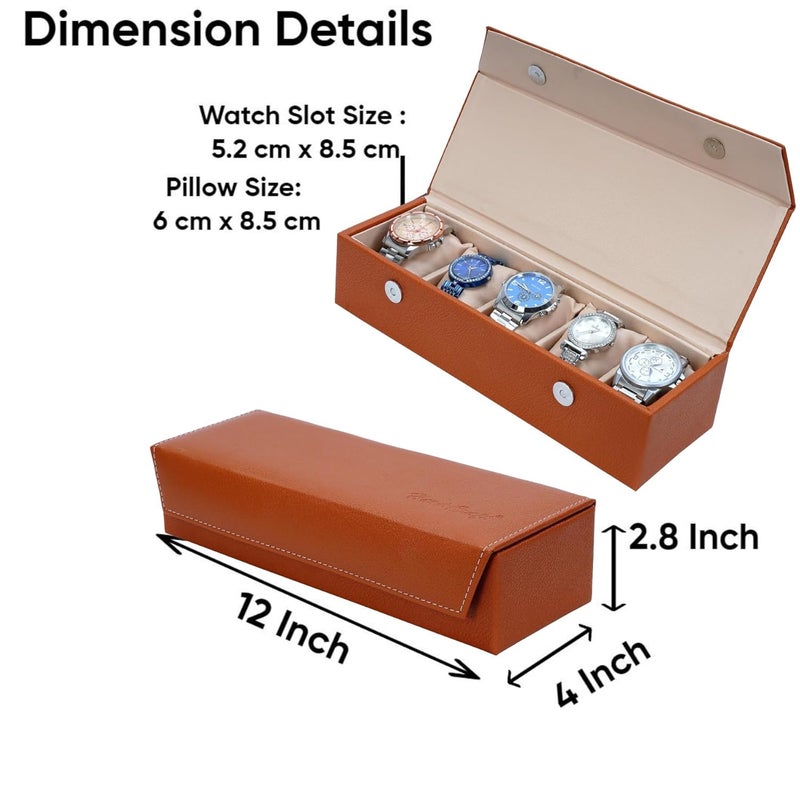 Hard Craft Watch Organizer Holder Jewelry Accessories Display Storage Case Watch Organiser Collection Box 5 Slots In PU Leather For Men Women Rust Color - Image 5