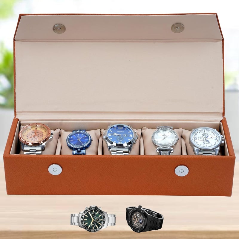 Hard Craft Watch Organizer Holder Jewelry Accessories Display Storage Case Watch Organiser Collection Box 5 Slots In PU Leather For Men Women Rust Color - Image 1