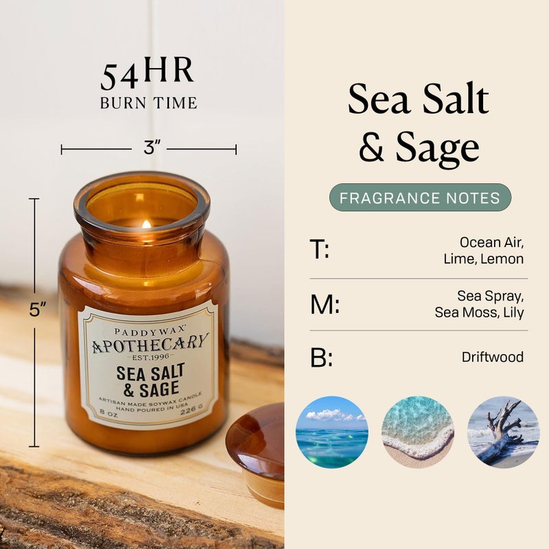 Paddywax Artisan Apothecary Scented Candle with Lid in Reusable Glass Jar, Clean-Burn Soy Candle with Approx. 54 Hour Burn Time, Sea Salt & Sage, 8 oz. - Image 2