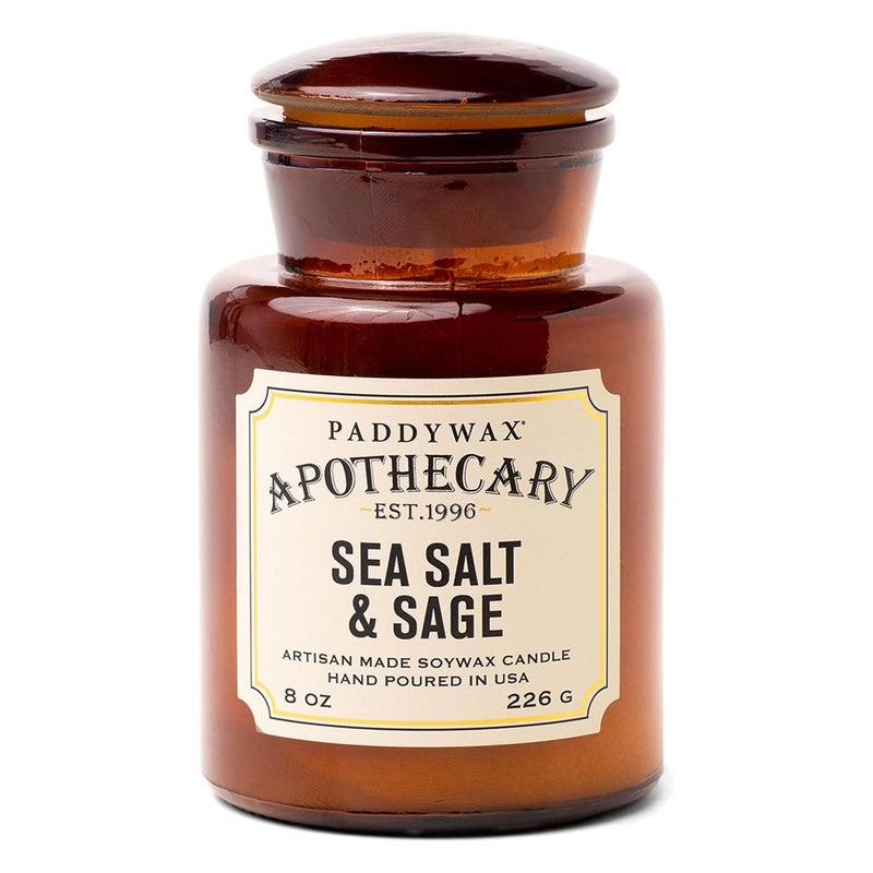 Paddywax Artisan Apothecary Scented Candle with Lid in Reusable Glass Jar, Clean-Burn Soy Candle with Approx. 54 Hour Burn Time, Sea Salt & Sage, 8 oz. - Image 1