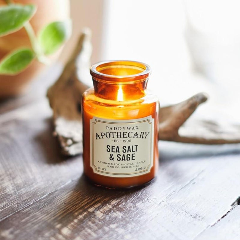 Paddywax Artisan Apothecary Scented Candle with Lid in Reusable Glass Jar, Clean-Burn Soy Candle with Approx. 54 Hour Burn Time, Sea Salt & Sage, 8 oz. - Image 3