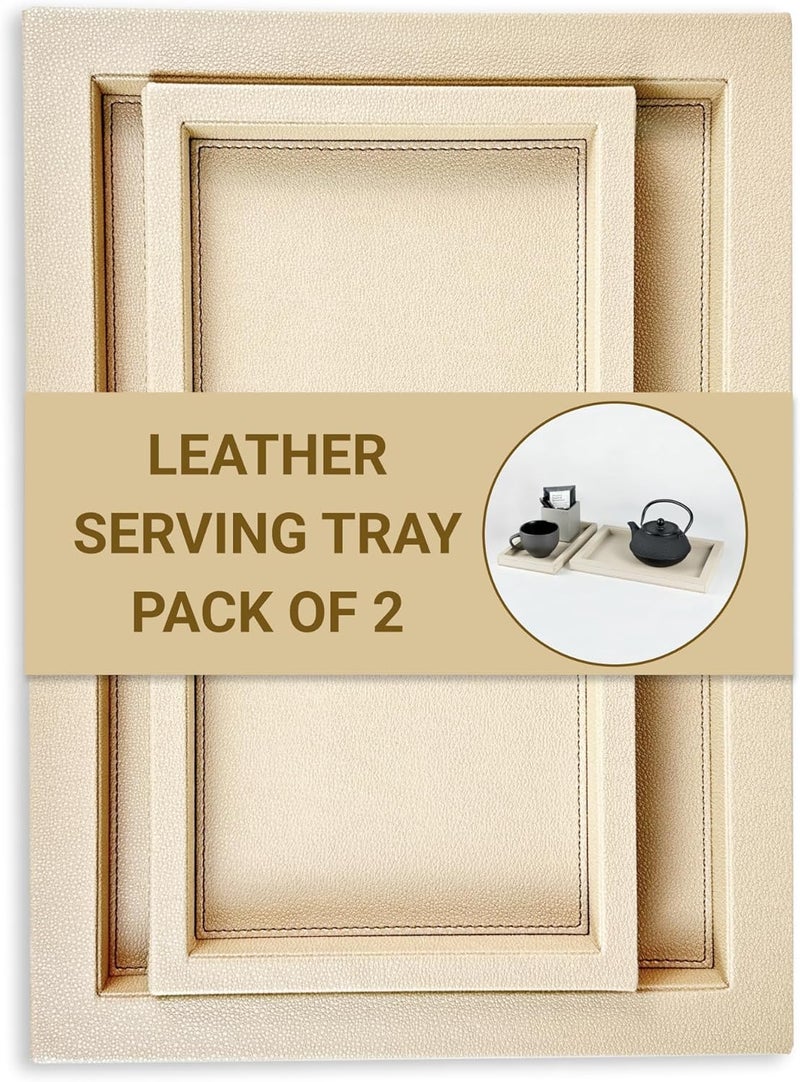 LeArt Leather Serving Tray – Serving Tray with Handles I Home, Office, Restaurant I Appetizer, Food, Snack Serving Platter I Trays Serving Set (Cream | Set of 2) - Image 1