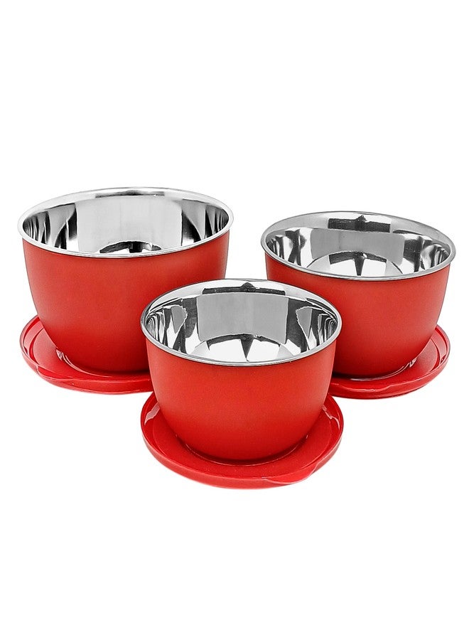 Zaib Microwave Safe Stainless Steel Mixing Bowl Set with Lids | 500ml, 800ml, 1250ml | Red Euro Style Food Storage Containers for Kitchen Use | Pack of 3* (Classic Red Plain) - Image 1