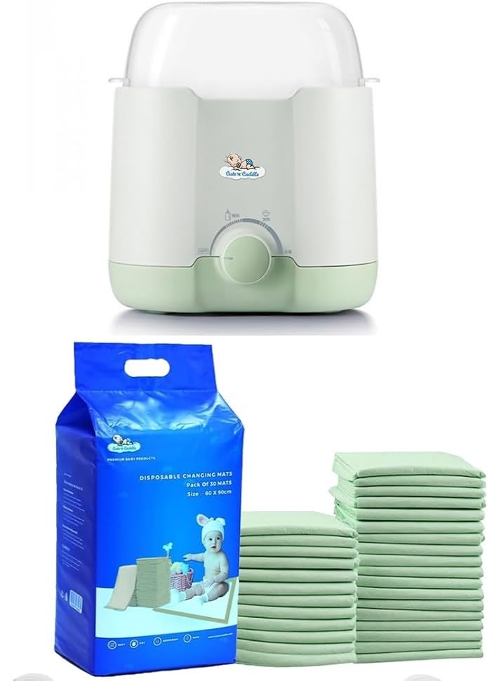 لطف وحضن سخان حليب كهربائي محمول للأطفال مع حصائر تغيير قابلة للتصرف من Cute 'n' Cuddle (240 قطعة، 60×90 سم، أخضر) – سخان زجاجات للحليب الطبيعي والماء، وحصائر حفاضات فائقة الامتصاص ومقاومة للماء مثالية للسفر. - Image 1
