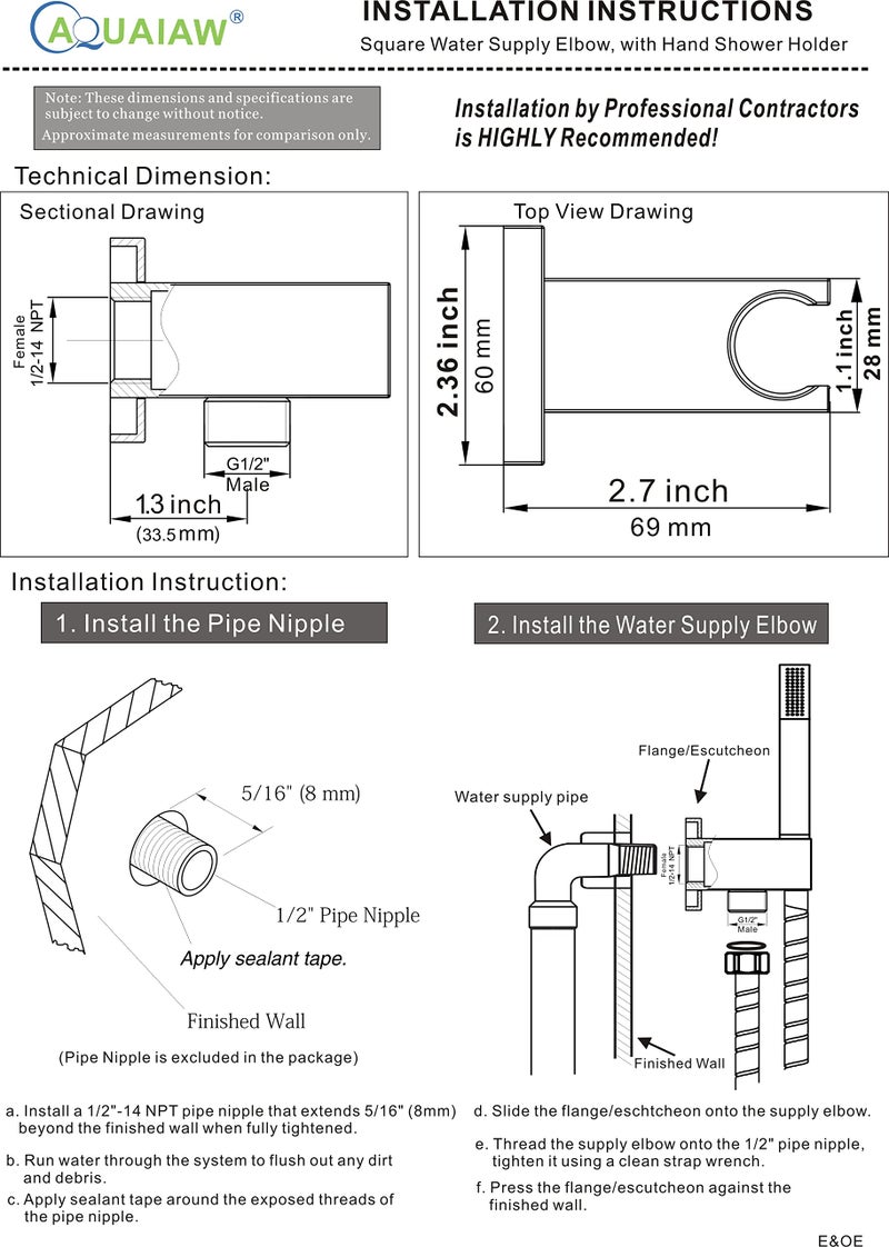 AQUAIAW All Aquaiaw Water Supply Elbows are Without Nipples. Aquaiaw Wall Supply Elbow with Flange. Tapered 1/2 NPT Female Inlet, Brass Wall Union with Handshower Holder, Square, Polished Chrome, G1/2 Outlet - Image 5
