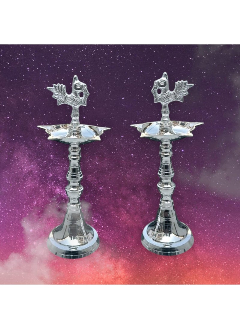 Effigy onlinehub Effigy onlinehub Silver Plated Brass Peacock Kerala Mahabharat OilGhee Diya Deepak Lamp Design Long Diyas for Home Pooja Room Pancharti Panchmukhi Diya for Puja DecorationPack of 2  - Image 2