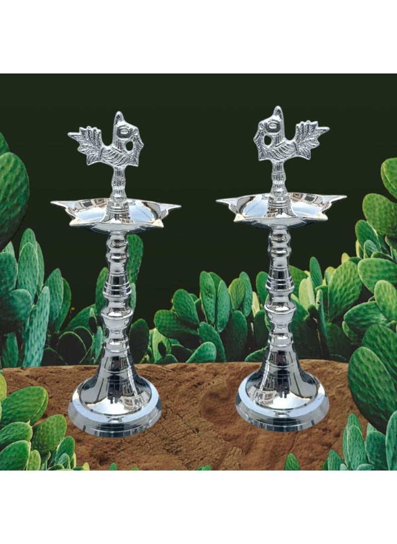 Effigy onlinehub Effigy onlinehub Silver Plated Brass Peacock Kerala Mahabharat OilGhee Diya Deepak Lamp Design Long Diyas for Home Pooja Room Pancharti Panchmukhi Diya for Puja DecorationPack of 2  - Image 1