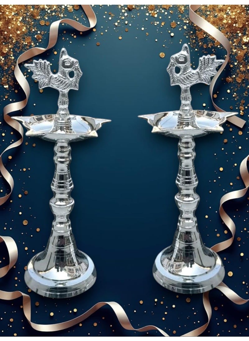 Effigy onlinehub Effigy onlinehub Silver Plated Brass Peacock Kerala Mahabharat OilGhee Diya Deepak Lamp Design Long Diyas for Home Pooja Room Pancharti Panchmukhi Diya for Puja DecorationPack of 2  - Image 3