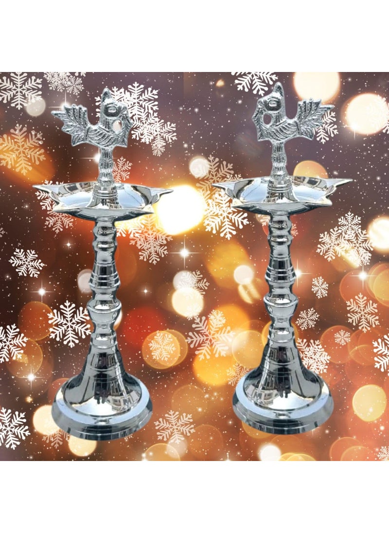 Effigy onlinehub Effigy onlinehub Silver Plated Brass Peacock Kerala Mahabharat OilGhee Diya Deepak Lamp Design Long Diyas for Home Pooja Room Pancharti Panchmukhi Diya for Puja DecorationPack of 2  - Image 4