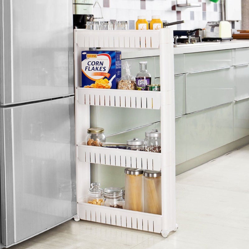 Inditradition 4 Layer Slim Sleek Multi Storage Organizer Rack Trolley for Dining Kitchen Bathroom 54x12x100 CM White Plastic - Image 5