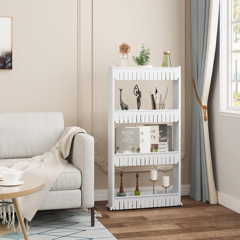 Inditradition 4 Layer Slim Sleek Multi Storage Organizer Rack Trolley for Dining Kitchen Bathroom 54x12x100 CM White Plastic - Image 2