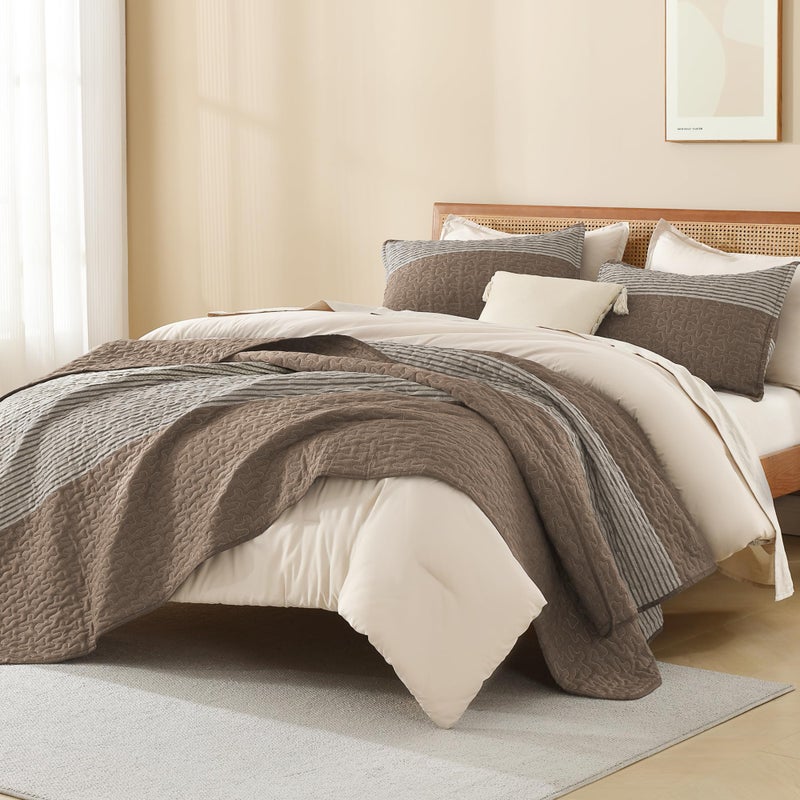 Litanika Oversized King Quilt Set Coffee, 120x120 Stripe Bedspread Coverlet 3 Pieces, Coffee Lightweight Quilted Bedding Set for All Season(Super King-1 Quilt, 2 Pillowcases) - Image 4
