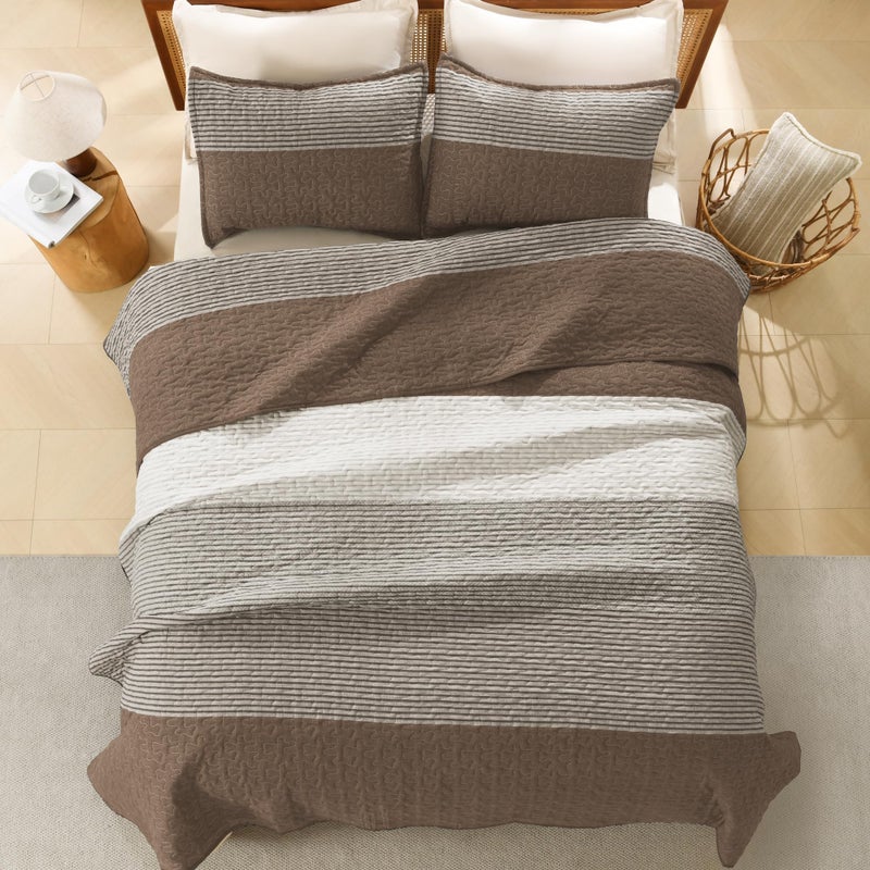 Litanika Oversized King Quilt Set Coffee, 120x120 Stripe Bedspread Coverlet 3 Pieces, Coffee Lightweight Quilted Bedding Set for All Season(Super King-1 Quilt, 2 Pillowcases) - Image 3