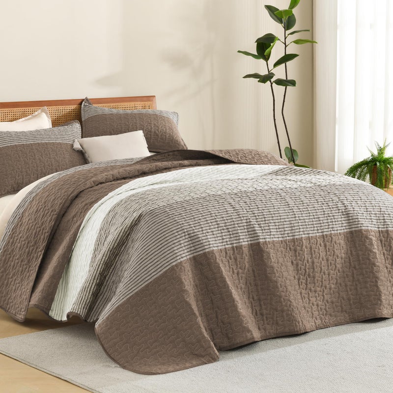 Litanika Oversized King Quilt Set Coffee, 120x120 Stripe Bedspread Coverlet 3 Pieces, Coffee Lightweight Quilted Bedding Set for All Season(Super King-1 Quilt, 2 Pillowcases) - Image 1
