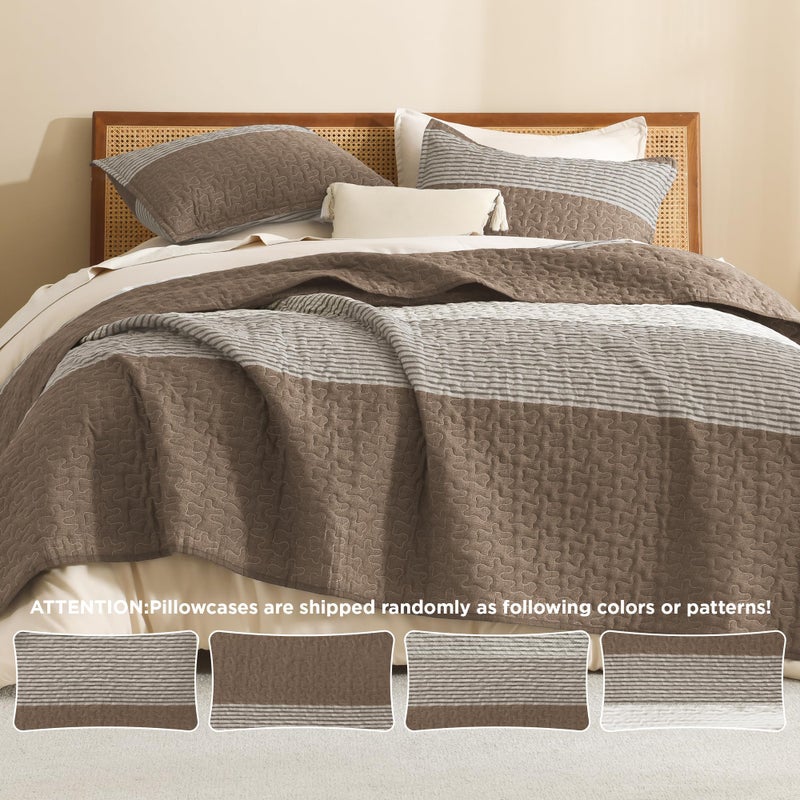 Litanika Oversized King Quilt Set Coffee, 120x120 Stripe Bedspread Coverlet 3 Pieces, Coffee Lightweight Quilted Bedding Set for All Season(Super King-1 Quilt, 2 Pillowcases) - Image 5