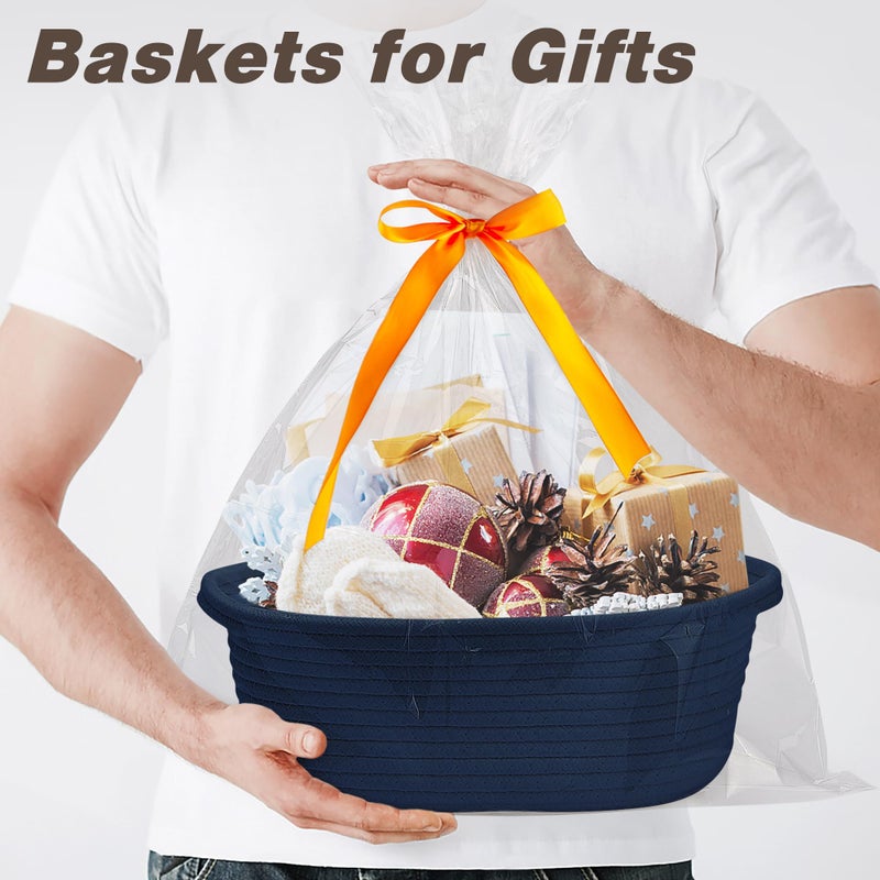 Pro Goleem Small Woven Basket with Gift Bags and Ribbons Durable Baskets for Gifts Empty Small Rope Basket for Storage 12"X 8" X 5" Baby Toy Baskets with Handles, Navy Blue - Image 2